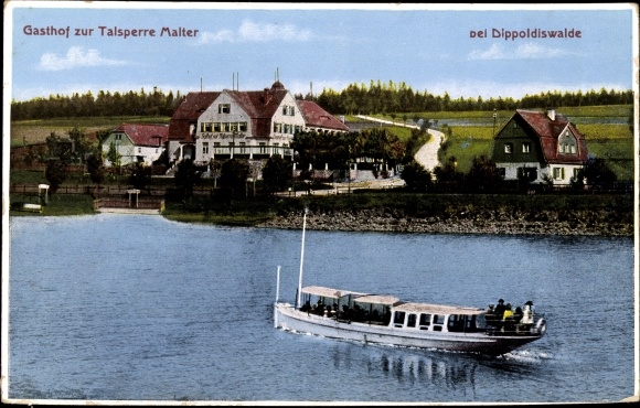 Postcard Malter Dippoldiswalde in the Eastern Ore Mountains, inn to the dam Malter, boat