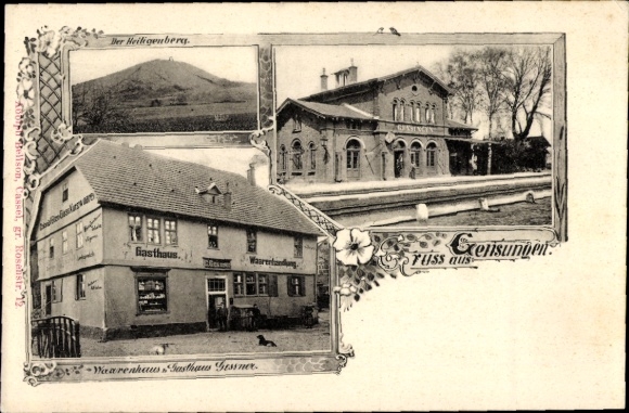 Postcard Gensungen Felsberg Hesse, Heiligenberg Castle, train station, track view, Gessner inn