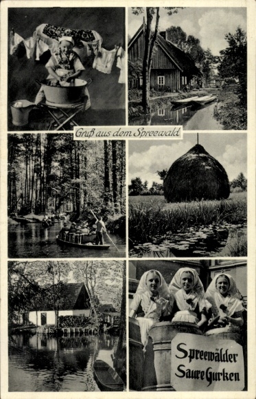 Postcard Alt Zauche Wußwerk in the Spreewald, greetings from the Spreewalder Sauer Gurken