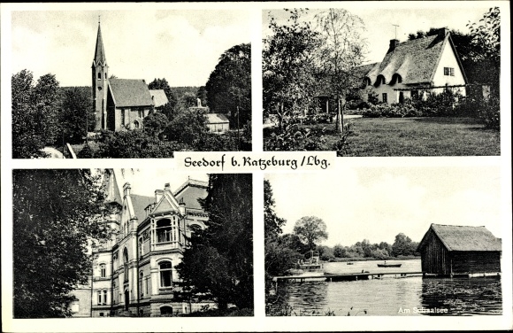 Postcard Seedorf in Lauenburg, view of the town with Schaalsee, church
