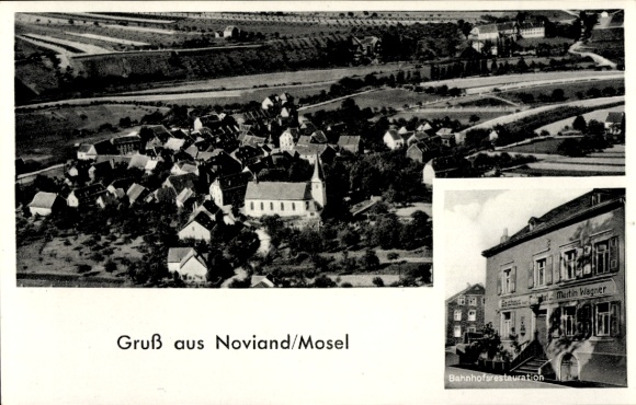Postcard Noviand on the Moselle, aerial photograph, station restaurant