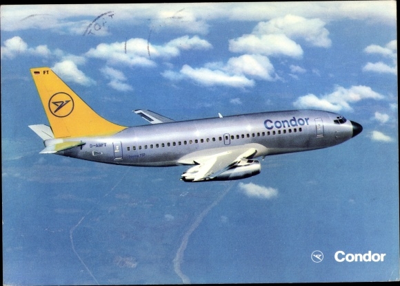 Postcard German passenger aircraft, Boeing 737-230 Europa Jet, Condor, D ABFT