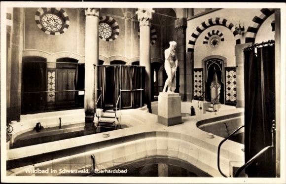 Postcard Bad Wildbad in the Black Forest, Eberhardsbad, interior view, statue
