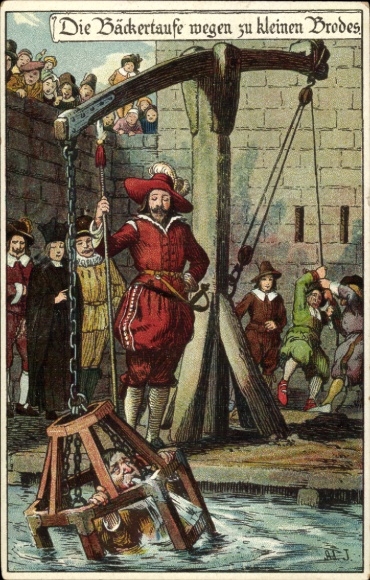 Artist Chromo-Litho Jodolfi, The baker's baptism because of too small bread, punishments in the Middle Ages