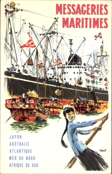 Kunstenaar Ansichtkaart Messageries Maritimes, Japon, Australië, Alantique, passagiersstoomboten in Azië