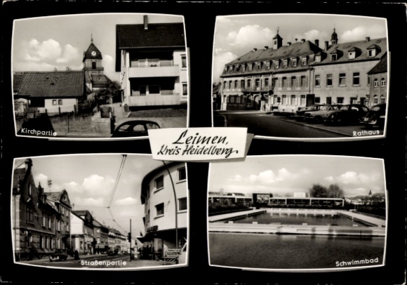 Postcard Leimen in der Pfalz, church section, town hall, street section, swimming pool