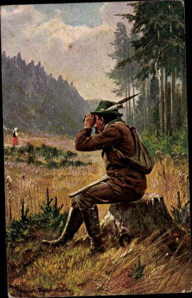 Artist Postcard Müller, M., Ringeisen, hunter, binoculars, woman, rifle, womanizer