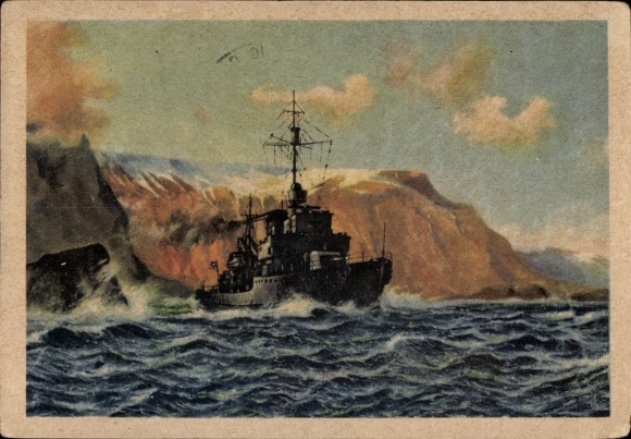 Künstler Ak Dolhart, Oskar, Deutsches Minensuchboot auf Sicherungsfahrt vor einem norwegischen Hafen