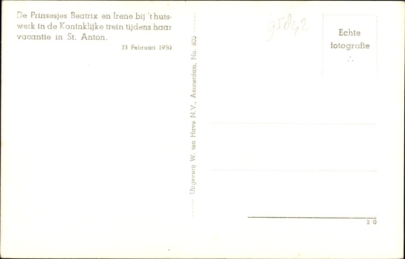 Postcard Princess Beatrix and Irene doing homework, St. Anton 1950