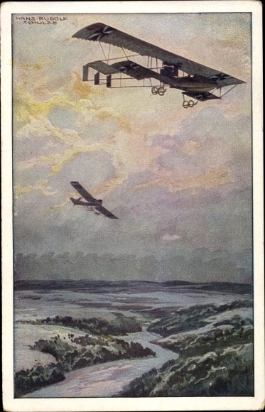 Artist PC Schulze, Hans Rudolf, military biplane on a reconnaissance trip over the Argonne Forest
