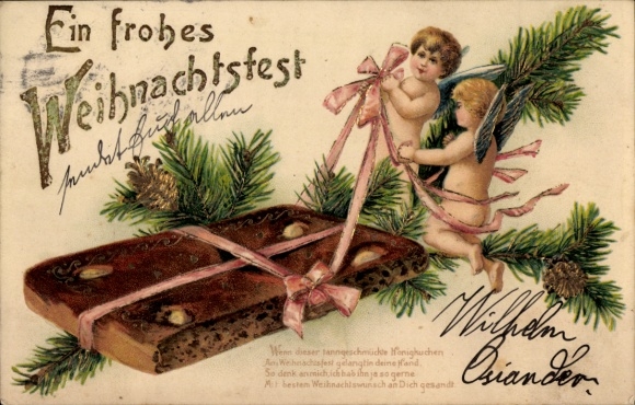 Geëmbosseerd litho Gefeliciteerd Kerstmis, engel, peperkoek, dennentakken