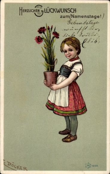 Künstler Ak Döcker, E., Glückwunsch Namenstag, Mädchen mit Blumen