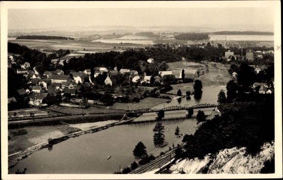 Ak Wunschdorf an der Elster, panorama met brug