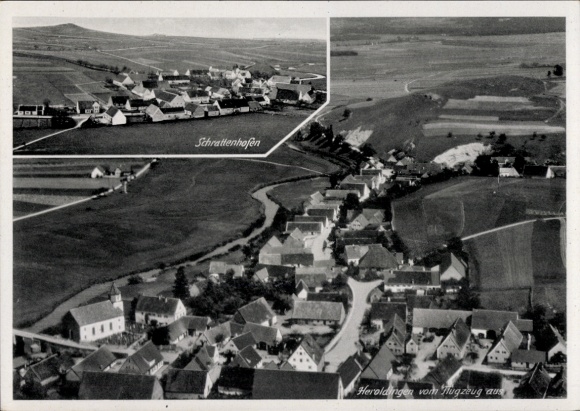 Postcard Heroldingen Harburg an der Wörnitz, Schrattenhofen, aerial photograph