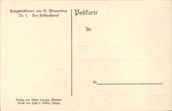 Kunstenaarsbriefkaart Wennerberg, Bruno, de veldpostbrief, vrouw, postbode