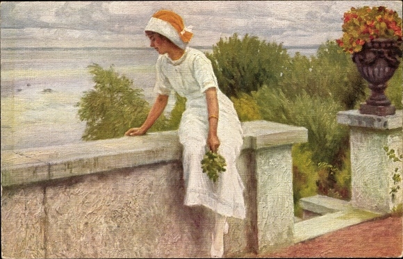 Artist Postcard Fischer, Paul, Happy Days, Lykkelige Dage, woman sitting on a stone wall