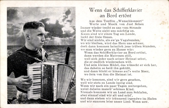 Song Postcard When the ship's piano sounds on board, Sailor with accordion, Navy