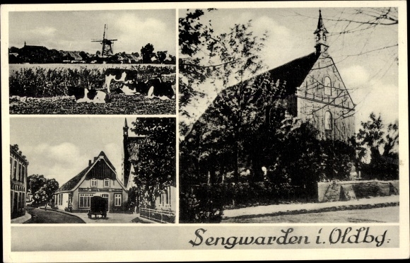PC Sengwarden Wilhelmshaven in Lower Saxony, church, windmill, local section, cattle