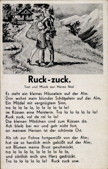 Song Artist Postcard Schaumburger, H., Ruck zuck, Herms Niel, Wehrmacht soldier, kiss