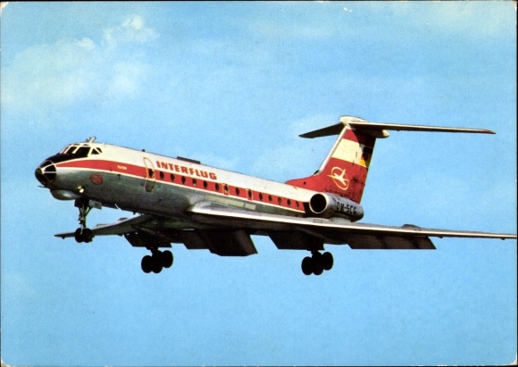 Postcard German passenger aircraft Tupolev TU-134 Interflug, turbine jet airliner
