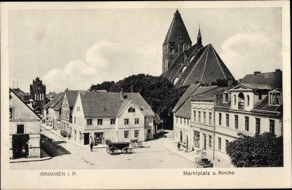 Ak Grimmen in West-Pommeren, marktplein, kerk