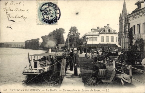 Postcard Rouen Seine Maritime, ship in the harbor, people on the shore, restaurant, busy water traffic,...