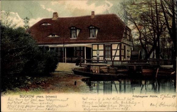 Ak Buckow in der Märkischen Schweiz, Pritzhagener Mühle, Außenansicht, Mühlrad, Uferpartie