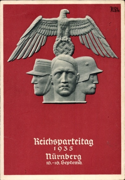 Kunstenaar Ak Klein, R., NSDAP-nazi-partijbijeenkomst 1935, buste van Adolf Hitler, Rijksadelaar, SA, SS