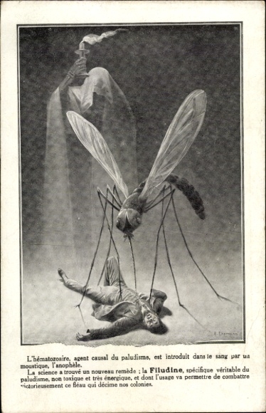 Artist Postcard Mücke attacks a man, advertising for Filudine