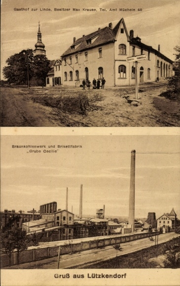 Ak Lützkendorf Mücheln im Saalekreis, Gasthof zur Linde, Braunkohlenwerk, Brikettfabrik, Lützkend