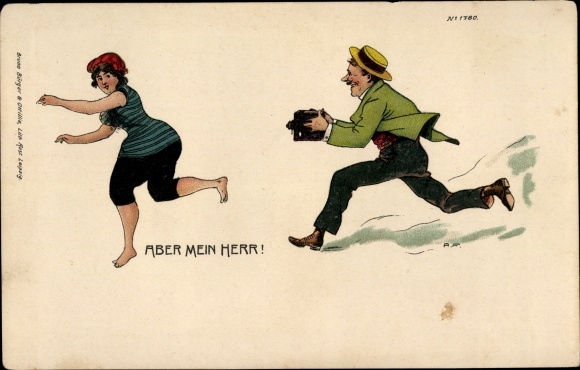 Chromo-Litho But sir! Woman in swimwear flees from man with camera, BB&amp;OL