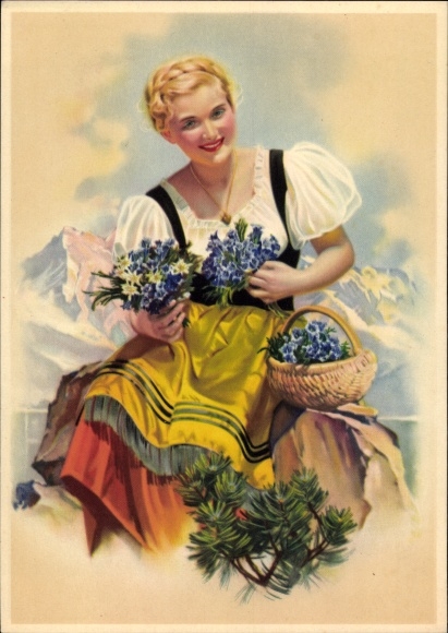 Artist Postcard Blonde woman with gentians in the mountains