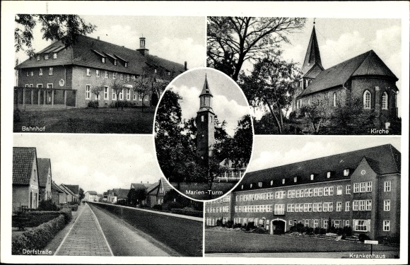 Postcard Sande in Friesland, train station, church, Marienturm, village street, hospital