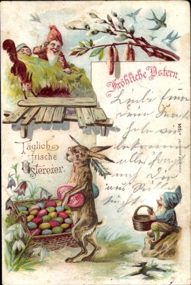 Chromo-Litho Happy Easter, Easter egg basket, Easter bunny as painter, dwarves