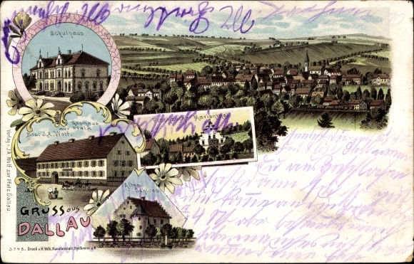 Chromo-Litho Dallau Elztal in the Odenwald, schoolhouse, inn of the Palatinate, castle, Marienthal