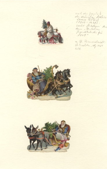 3 wafer Santa Clauses in sleighs with children's toys and Christmas trees, 6x8, 4x4 cm