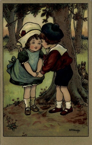 Kunstenaarskaart Hardy, Florence, kinderen in het bos, konijnen
