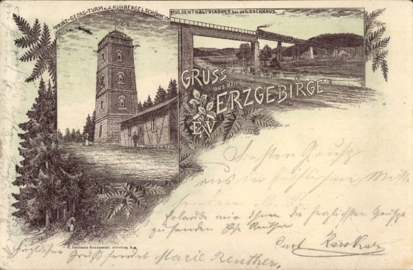 Litho Stützengrün im Erzgebirge, Prinz-Georg-Turm, Kuhberg, Wilzschhaus Schönheide, Viadukt