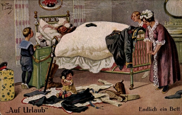 Artist Postcard Thiele, Arthur, On Vacation, Finally a Bed, Soldier, Family