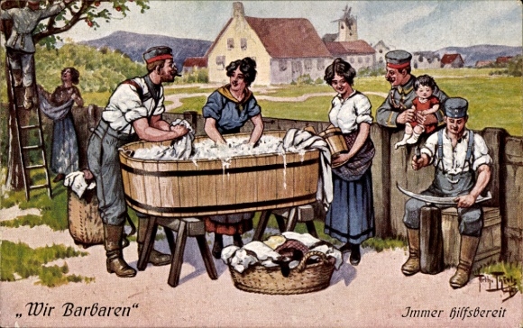 Kunstenaar Ak Thiele, Arthur, Wij Barbaren, Altijd behulpzaam, Soldaten helpen met wassen, Eerste Wereldoorlog