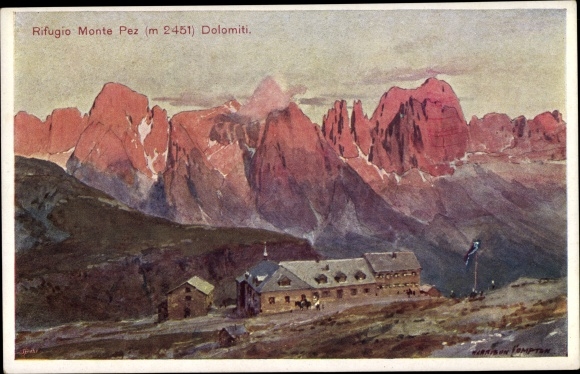 Artist Postcard Dolomiten Südtirol, Rifugio Monte Pez