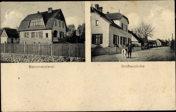 Postcard Großwudicke Milower Land in Brandenburg, railway control room, residential building, boy with dog