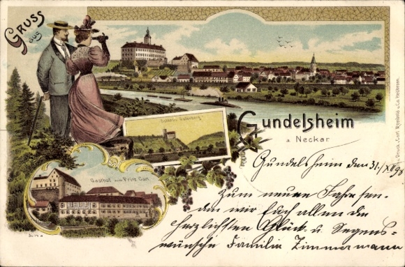 Postcard Gundelsheim am Neckar Württemberg, with view of Gundelsheim, Gasthof prince Karl, Neckar, Ab
