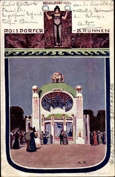 Kunstenaarskaart Düsseldorf am Rhein, industrie- en handelstentoonstelling in 1902, Roisdorf-fontein