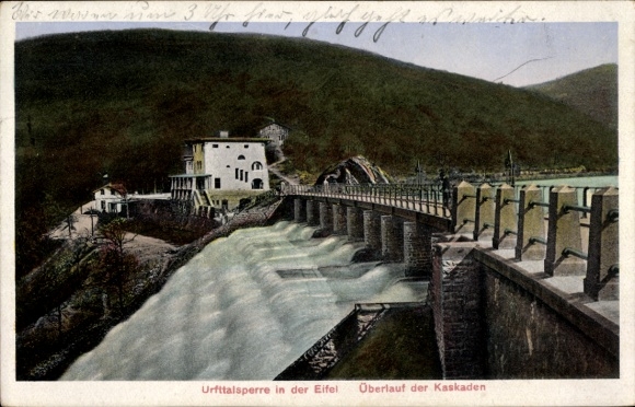 Postcard Gemünd on the Urft Schleiden in the Eifel, Urft Dam, overflow cascades