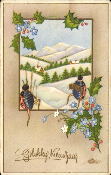 Postcard Happy New Year, two ladybugs in a winter landscape
