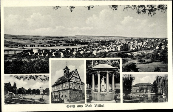 Ak Bad Vilbel in Hessen, algemeen uitzicht, meer, vakwerkhuis, zwembad
