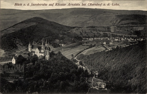 KP Obernhof an der Lahn, widok na klasztor Arnstein, Jacobsruhe, krajobraz ze wzgórzami