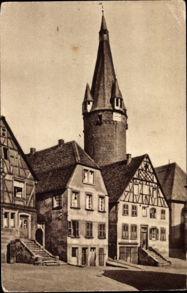 Postcard Ottweiler in Saarland, houses with an old tower