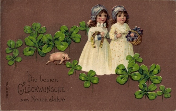 Embossed Postcard Congratulations New Year, children, horseshoe, pig, lucky clover